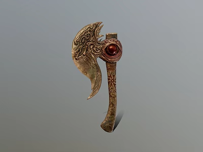 Decorative Axe with Intricate Carved Patterns Red Gemstone on Head and Ornate Handle Design 3d model