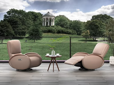 Beige Massage Chairs With Wooden Floor And Small Round Table By Scenic Garden View 3d model