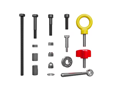 Hardware Tools Set Featuring Various Bolts Nuts Yellow Eye Bolt Bearings And Wrench 3d model
