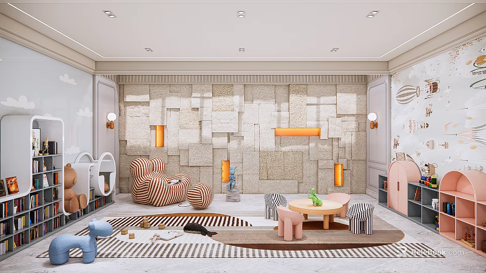 Vibrant Playroom Interior Design With Striped Sofa Round Ottoman Colorful Rug And Wooden Coffee Table 3d model 