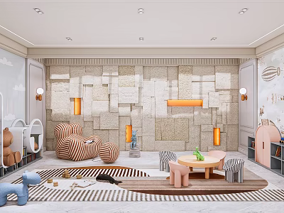 Vibrant Playroom Interior Design With Striped Sofa Round Ottoman Colorful Rug And Wooden Coffee Table 3d model