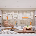Vibrant Playroom Interior Design With Striped Sofa Round Ottoman Colorful Rug And Wooden Coffee Table