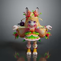Cute Anthropomorphic Blonde Character In Floral Leaf Costume With Long Ears And Small Black Creature