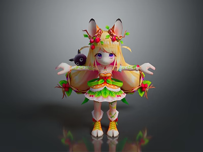 Cute Anthropomorphic Blonde Character In Floral Leaf Costume With Long Ears And Small Black Creature 3d model