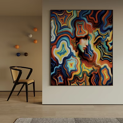 Artistic Interior Decor With Abstract Wall Art And Modern Chair 3d model