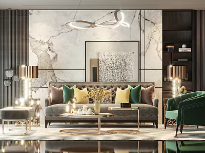 Elegant Modern Living Room Interior With Grey Sofa Geometric Chandelier And Decorative Painting 3d model