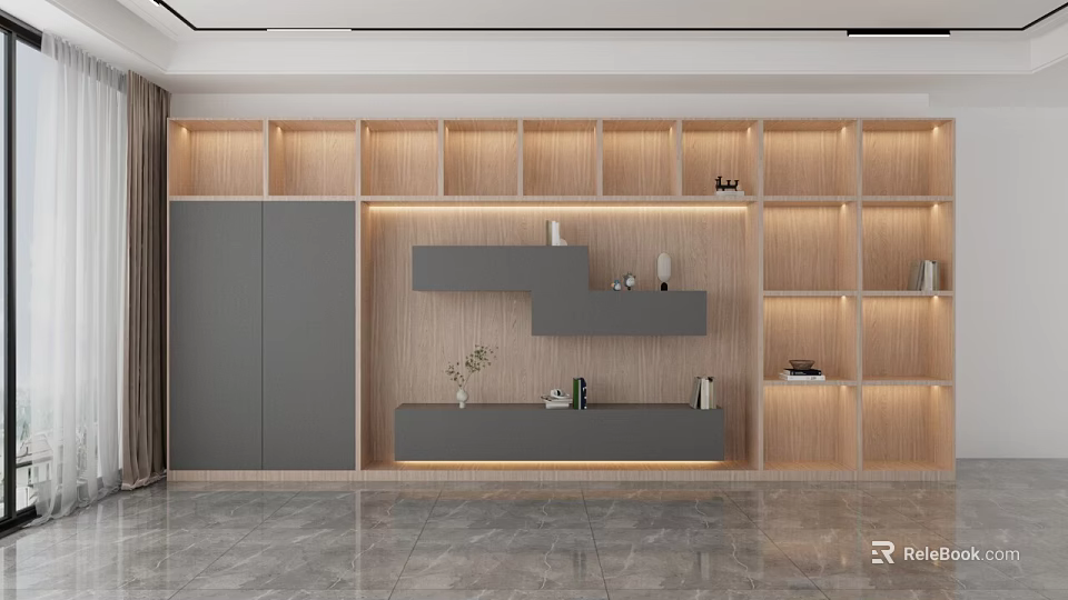 Modern Open Wooden Bookcase With Gray Cabinet Doors LED Strip Lights And Decorative Items 3d model 