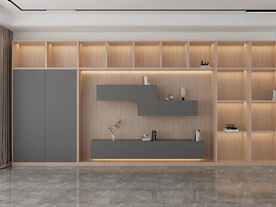 Modern Open Wooden Bookcase With Gray Cabinet Doors LED Strip Lights And Decorative Items 3d model