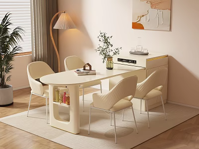 Modern White Dining Table Set With Chairs Potted Plant Floor Lamp And Wall Art 3d model