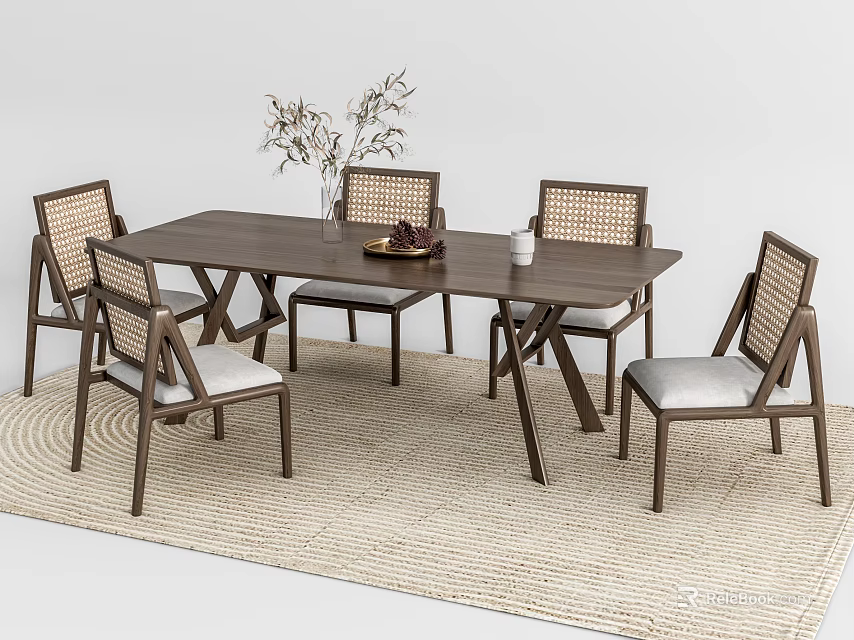 Modern Wooden Dining Table Set With Woven Back Chairs And Light Cushions On Woven Rug 3d model 