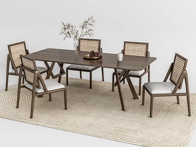 Modern Wooden Dining Table Set With Woven Back Chairs And Light Cushions On Woven Rug 3d model