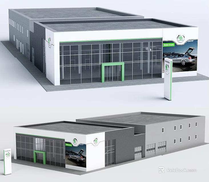 Modern Car Dealership Building With Glass Facade Green Accents And Signage 3d model 