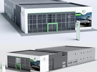 Modern Car Dealership Building With Glass Facade Green Accents And Signage 3d model