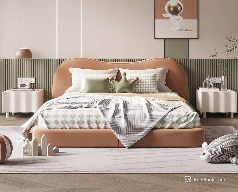 Cozy Kids Bed With Orange Headboard Green Pillows Striped Quilt Astronaut Wall Art And Toys 3d model 