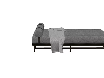 Gray Upholstered Footstool with Black Metal Frame Rolled Cushion and Soft Blanket 3d model
