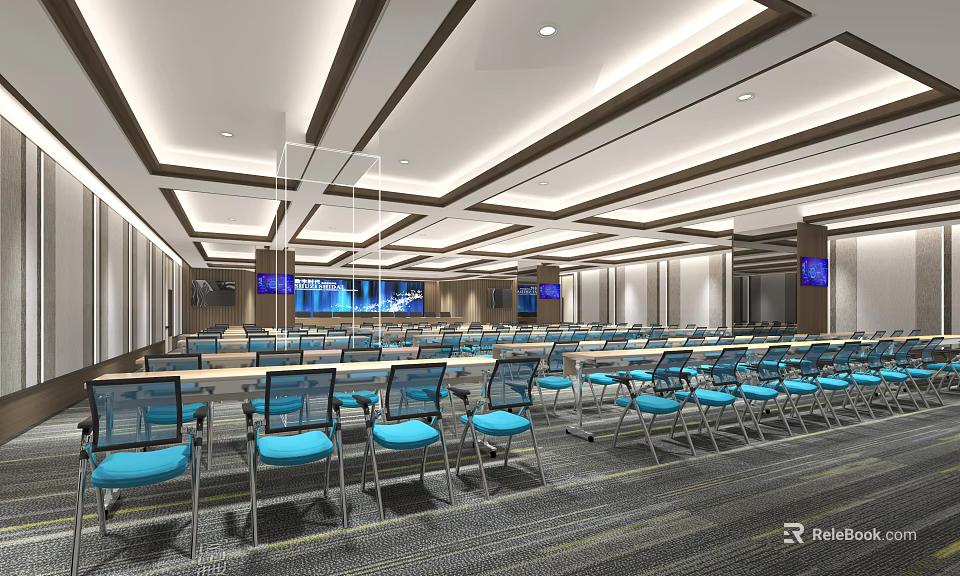 Modern Large Conference Room With Rows of Tables Blue Chairs Screens and Ceiling Light Strips 3d model 