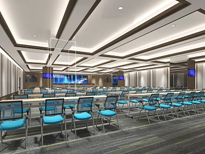 Modern Large Conference Room With Rows of Tables Blue Chairs Screens and Ceiling Light Strips 3d model