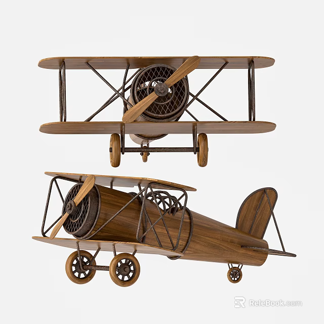 Vintage Wooden Biplane Model With Propeller And Wheels As Decorative Item 3d model 