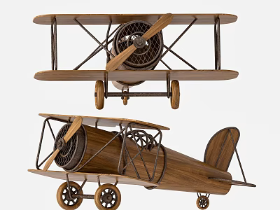 Vintage Wooden Biplane Model With Propeller And Wheels As Decorative Item 3d model