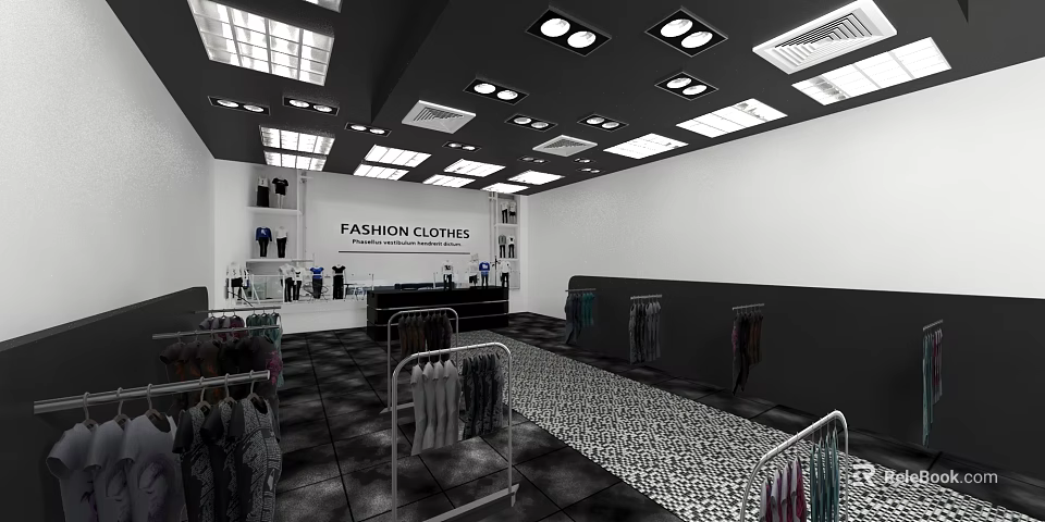 Fashion Clothing Store Interior With Clothing Racks Displayed Apparel And Modern Lighting 3d model 