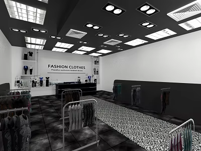 Fashion Clothing Store Interior With Clothing Racks Displayed Apparel And Modern Lighting 3d model