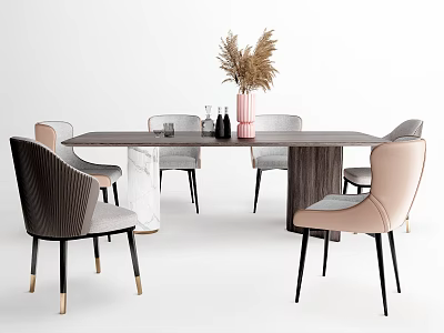 Modern Minimalist Dining Table Set With Wood Top Marble Legs And Pastel Pink Gray Chairs 3d model