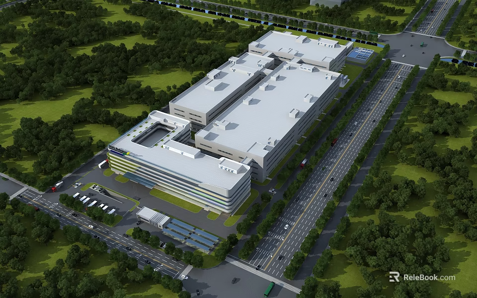 Modern Industrial Factory Building Complex With White Roofs Surrounding Greenery Roads And Parking Area 3d model 