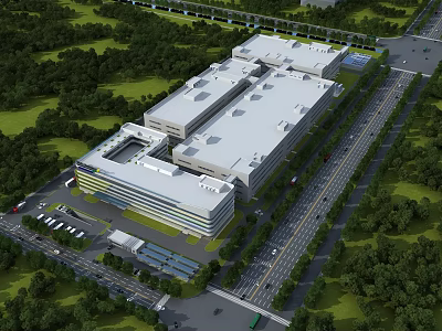 Modern Industrial Factory Building Complex With White Roofs Surrounding Greenery Roads And Parking Area 3d model