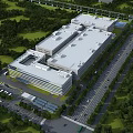 Modern Industrial Factory Building Complex With White Roofs Surrounding Greenery Roads And Parking Area