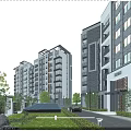 Modern High-Rise Residential Buildings with Balconies Green Landscaping and Road Vehicles