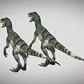 3D Render Two Realistic Blue Headed Striped Velociraptors Standing Open Mouth Pose 3d model