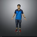 Man Wearing Blue Black Striped Polo Shirt Jeans Red Sneakers With Arms Outstretched Gray Background