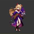 Game and Movie Character Wearing Purple Kimono With Orange Long Hair Red Horns Floral Patterns