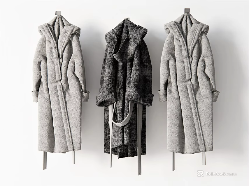 Long Hooded Coats in Gray and Black Hanging on Hangers with Plush Fabric 3d model 