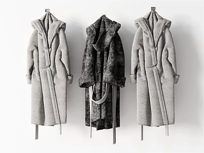 Long Hooded Coats in Gray and Black Hanging on Hangers with Plush Fabric 3d model