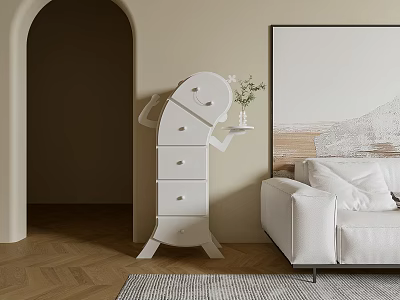 White Unique Design Chest of Drawers with Tray and Small Plant in Living Room 3d model