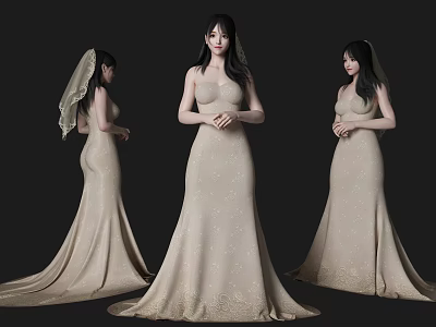 Women in Beige Wedding Dresses with Veil Long Train and Lace Details from Different Angles 3d model