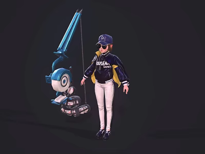 Game Movie Character Wearing ROCK Jacket With Sunglasses White Pants And Blue Robot Crane Wheels 3d model