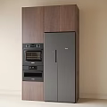Dark Gray Double Door Refrigerator In Modern Kitchen With Wooden Cabinets And Oven