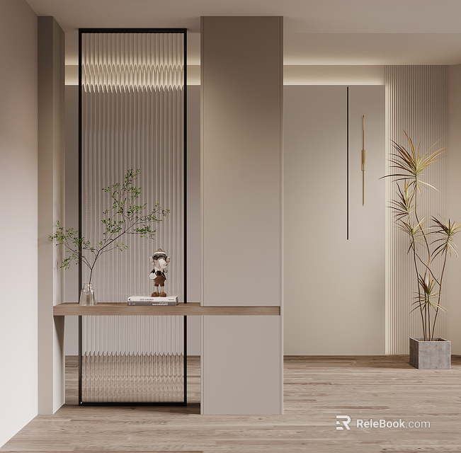 Modern Entryway Hallway Interior Design With Wooden Console Table And Green Plant Decor 3d model 