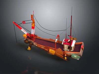 Wooden Boat 3D Model with Red Brown Details Masts and Decorative Ropes 3d model