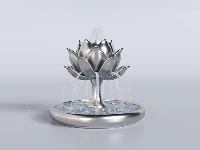 Silver Decorative Lotus Shaped Water Fountain With Circular Base And Flowing Water 3d model