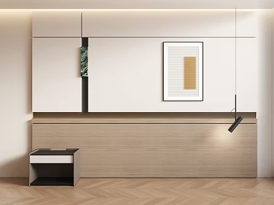 Modern Interior With Wall Cabinets Artwork Side Table And Herringbone Floor 3d model