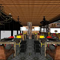 Hotpot Restaurant Interior Design With Wooden Ceiling Chandeliers Colorful Chairs Patterned Floor And Tables