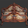 Classical Wooden Bed With Carved Headboard Red Beige Mattress And Decorative Pillows