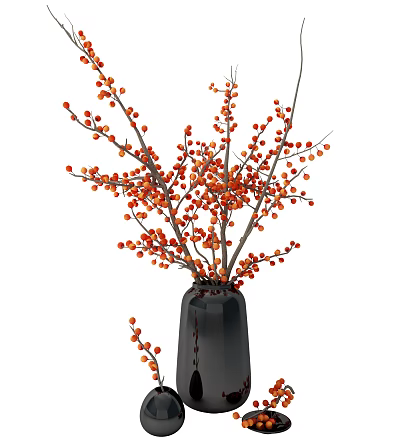 Black Vase With Decorative Branches Featuring Orange Berries For Home Decor 3d model