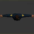 Man in dark blue uniform with badge wearing sunglasses and belt standing with arms outstretched