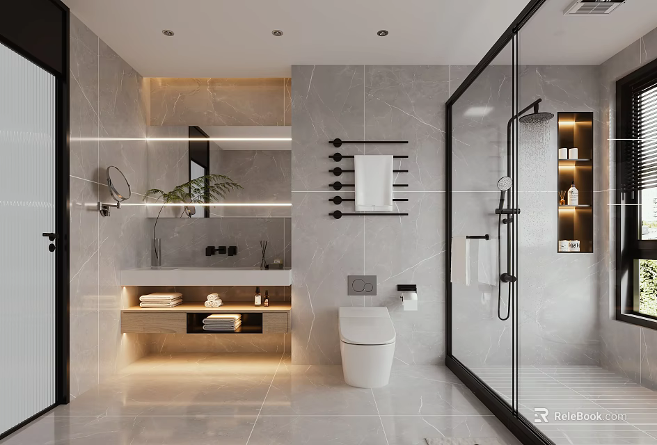 Modern Bathroom Interior Design With Marble Vanity Glass Shower And Towel Rack 3d model 