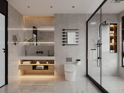 Modern Bathroom Interior Design With Marble Vanity Glass Shower And Towel Rack 3d model