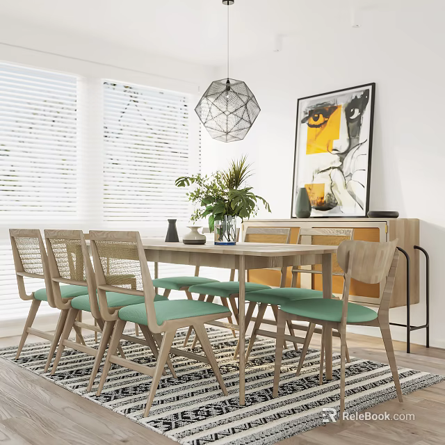 Modern Dining Table Set With Woven Back Chairs Green Cushions And Abstract Wall Art 3d model 